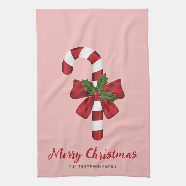 Candy Cane With A Bow And Christmas Holly & Text Tea Towel (Vertical)