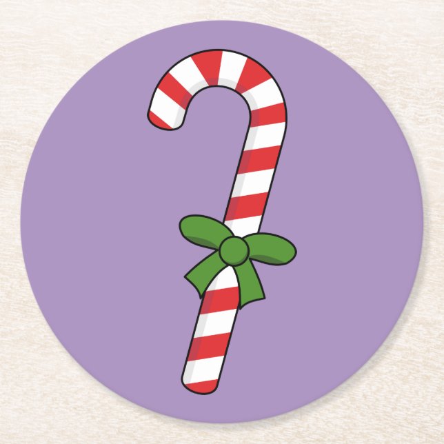 Candy Cane with Green Ribbon Round Paper Coaster (Front)