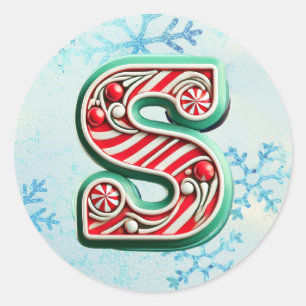 Candy Cane Xmas "S" Sticker, Festive Stripes Classic Round Sticker