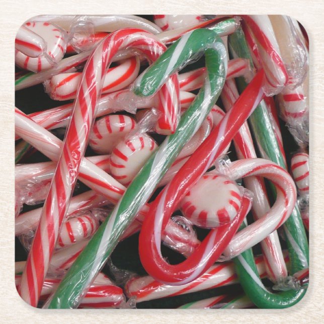 Candy Canes and Peppermints Christmas Holiday Square Paper Coaster (Front)