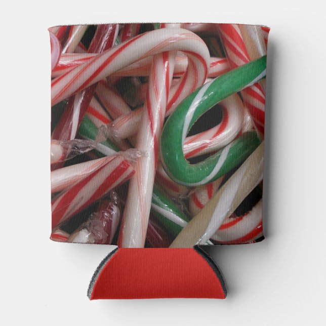 Candy Canes Christmas Holiday White Green and Red Can Cooler (Front)