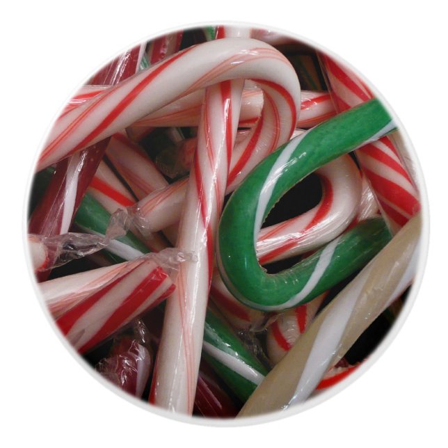 Candy Canes Christmas Holiday White Green and Red Ceramic Knob (Front)