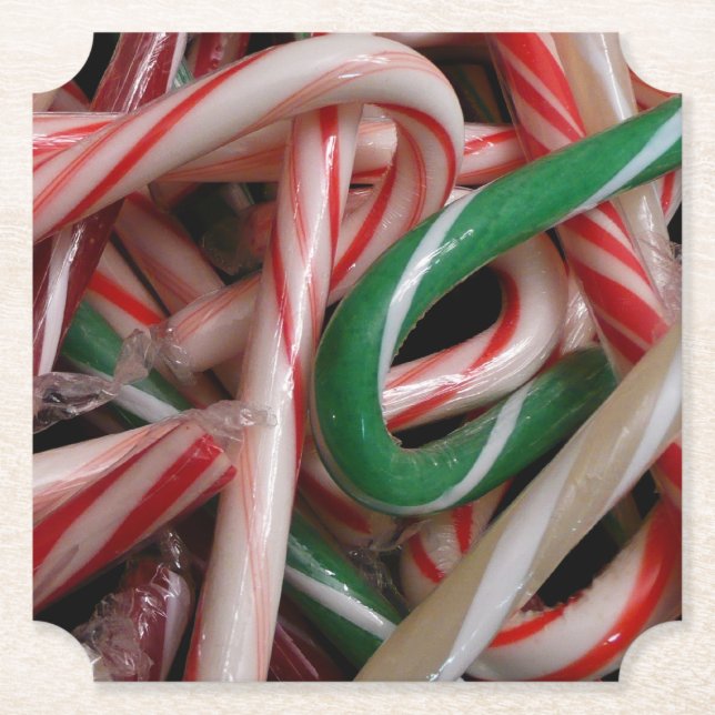 Candy Canes Christmas Holiday White Green and Red Paper Coaster (Front)