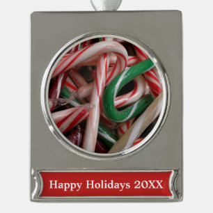 Candy Canes Christmas Holiday White Green and Red Silver Plated Banner Ornament