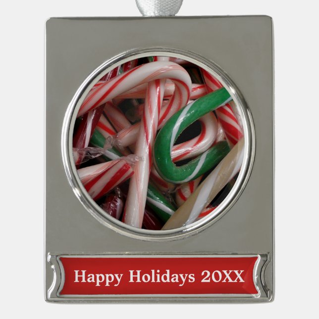 Candy Canes Christmas Holiday White Green and Red Silver Plated Banner Ornament (Front)