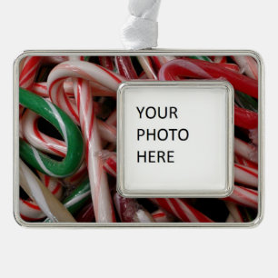 Candy Canes Christmas Holiday White Green and Red Silver Plated Framed Ornament