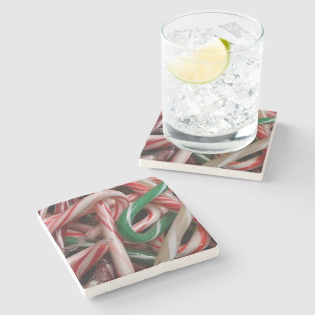 Candy Canes Christmas Holiday White Green and Red Stone Coaster (Side)