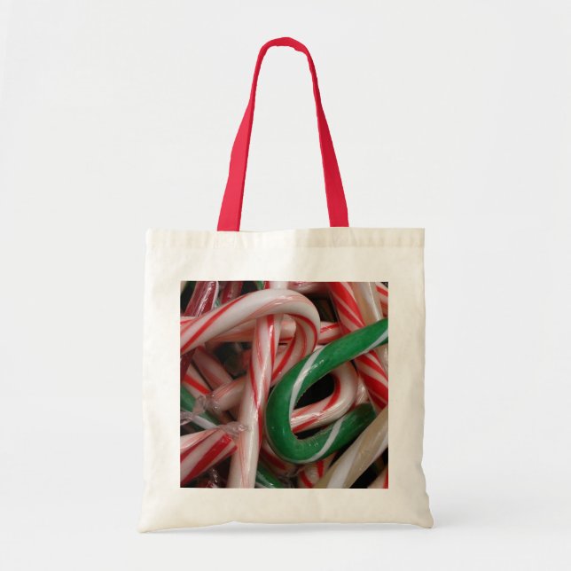 Candy Canes Christmas Holiday White Green and Red Tote Bag (Front)