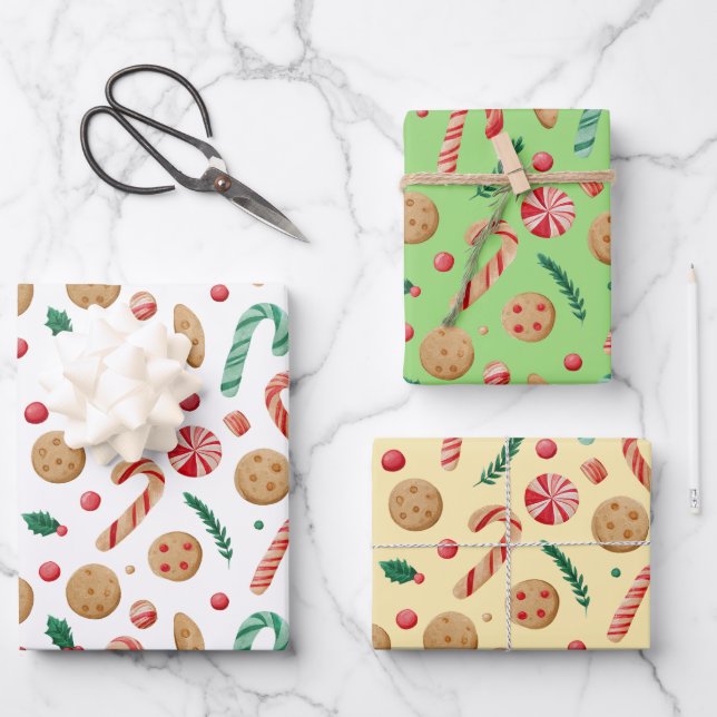 Candy Canes Cookies Cute Christmas Wrapping Paper Sheet (Front)