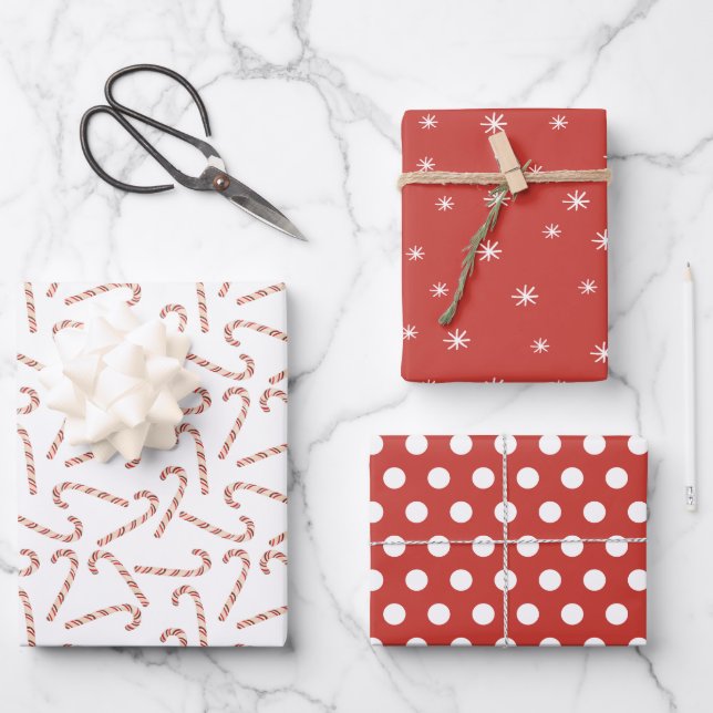 Candy Canes Dots and Snowflakes Red Christmas Wrapping Paper Sheet (Front)