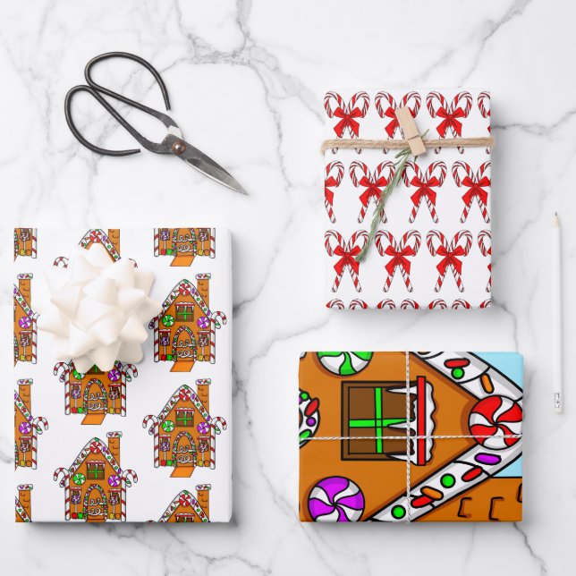 Candy Canes, Gingerbread House Christmas Wrapping Paper Sheet (Front)