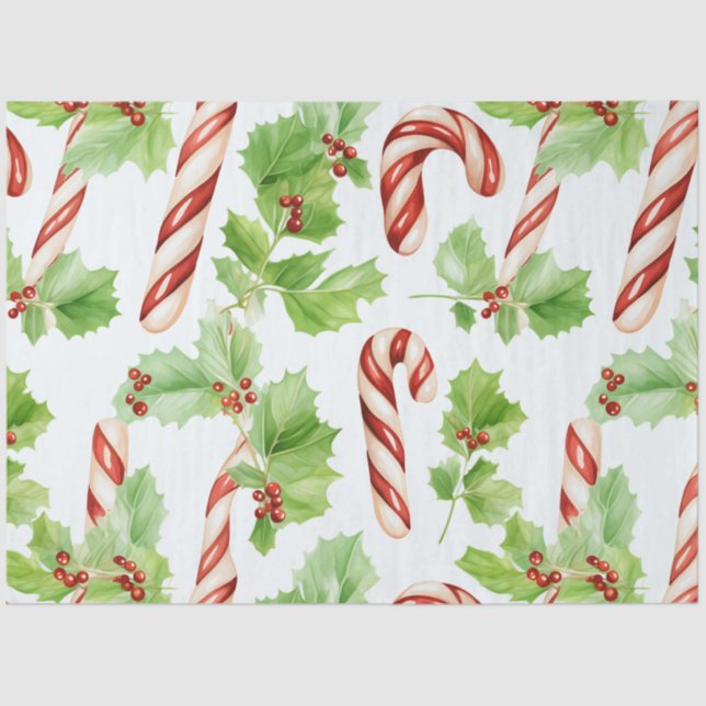 Candy Canes Greenery Winter Berries Christmas Tissue Paper (Front)