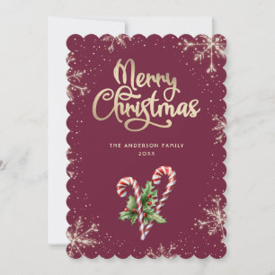Candy Canes Holly Berries Pink Christmas Card