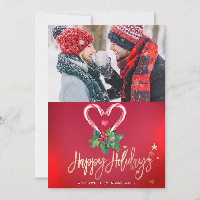 Candy Canes Holly Berry Red Photo Merry Christmas (Front)