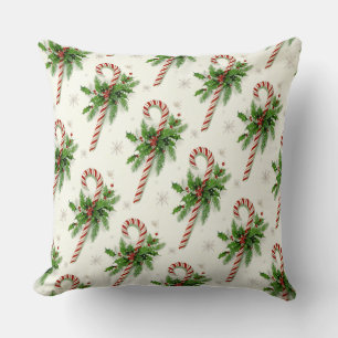 Candy Canes & Holly Christmas Throw Pillow