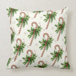 Candy Canes & Holly Christmas Throw Pillow
