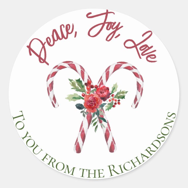Candy Canes Holly Floral Peace Joy Love Christmas  Classic Round Sticker (Front)