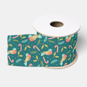 Candy Canes Holly Pine Boughs Birds Grosgrain Ribbon
