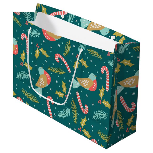 Candy Canes Holly Pine Boughs Birds Large Gift Bag (Front Angled)