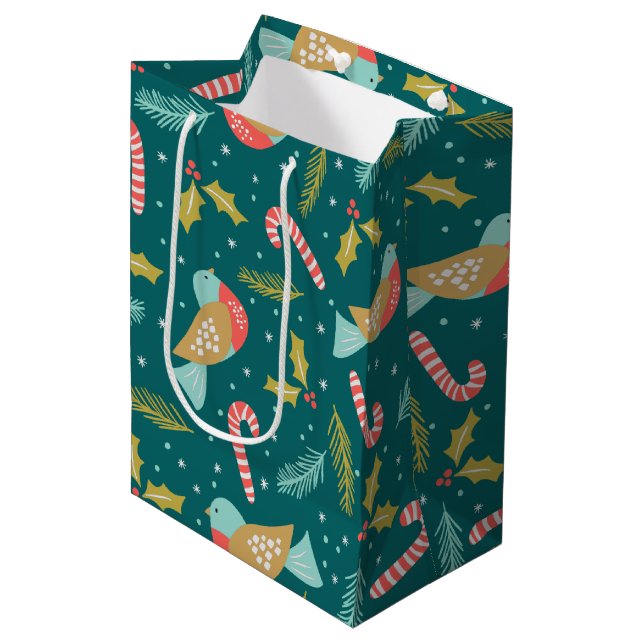 Candy Canes Holly Pine Boughs Birds Medium Gift Bag (Front Angled)