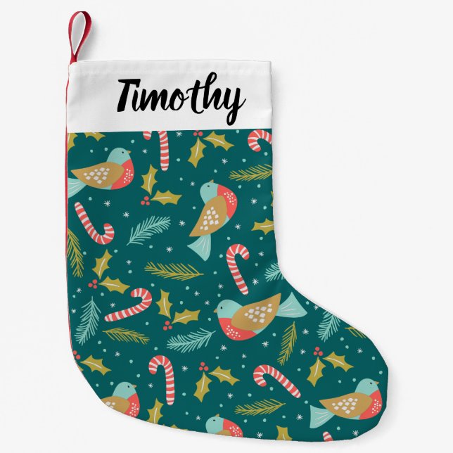 Candy Canes Holly Pine Boughs Birds Small Christmas Stocking (Front)