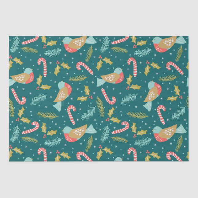 Candy Canes Holly Pine Boughs Birds Tissue Paper (Front)