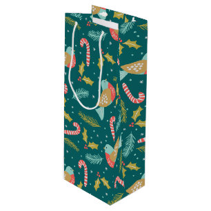 Candy Canes Holly Pine Boughs Birds Wine Gift Bag