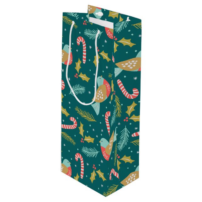 Candy Canes Holly Pine Boughs Birds Wine Gift Bag (Front Angled)
