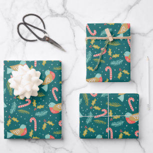 Candy Canes Holly Pine Boughs Birds Wrapping Paper Sheet