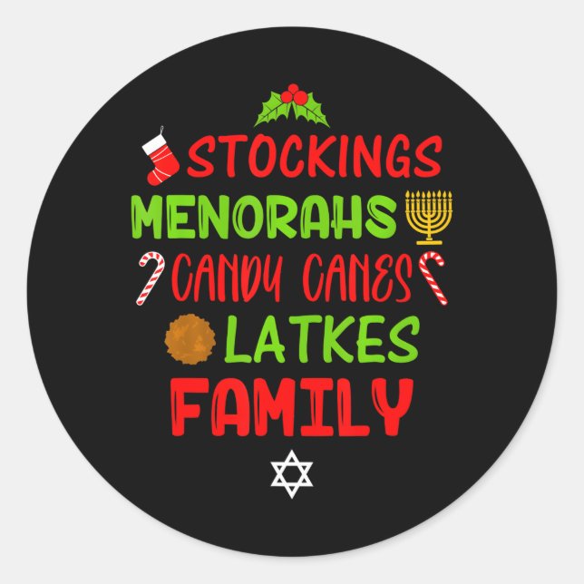 Candy Canes Latkes Hanukkah Christmas Chrismukkah Classic Round Sticker (Front)