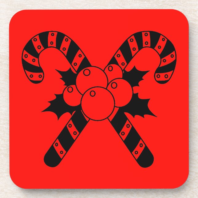 Candy Canes & mistletoe Black Merry Christmas Coaster (Front)
