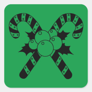 Candy Canes & mistletoe Black Merry Christmas Square Sticker