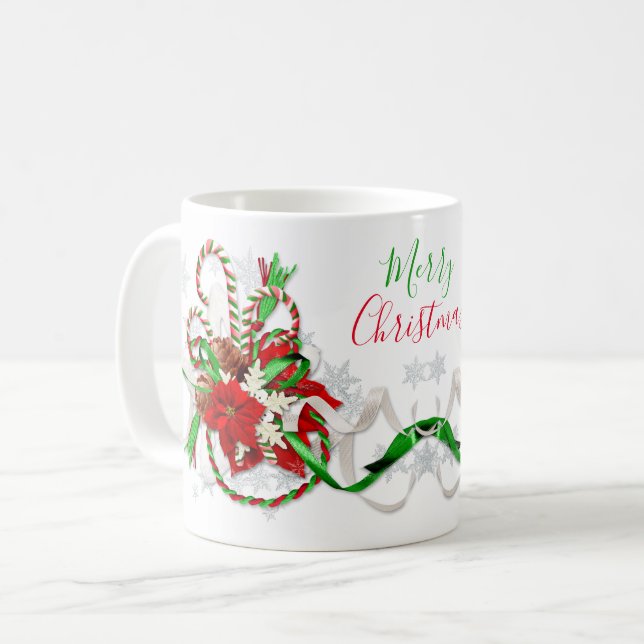 Candy Canes Poinsettia Snowflakes Merry Christmas Coffee Mug (Front Left)