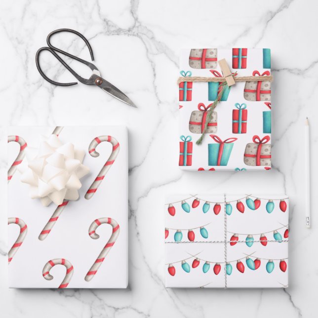 Candy Canes, Presents and Christmas Lights Holiday Wrapping Paper Sheet (Front)