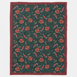 Candy Canes Snowflakes Red Christmas Balls Green Fleece Blanket