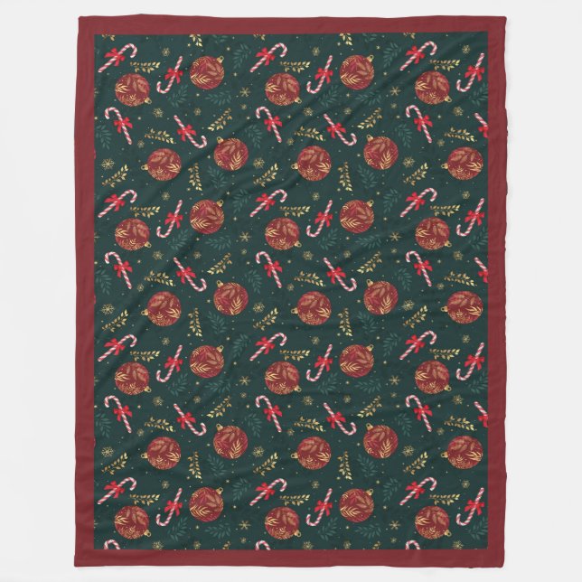 Candy Canes Snowflakes Red Christmas Balls Green Fleece Blanket (Front)