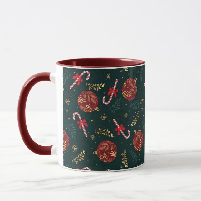 Candy Canes Snowflakes Red Christmas Balls Green Mug (Left)
