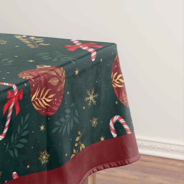 Candy Canes Snowflakes Red Christmas Balls Green Tablecloth (In Situ)