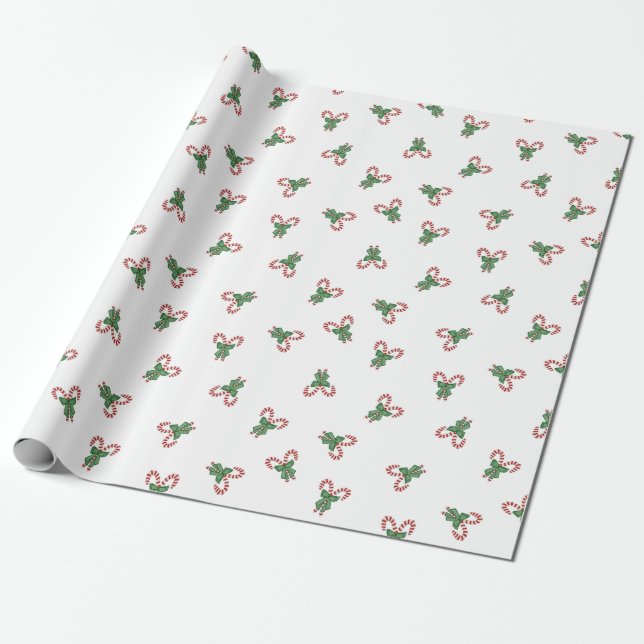 Candy Canes with Green Bow Toss Christmas Design Wrapping Paper (Unrolled)