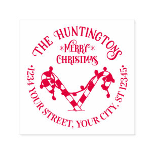 Candy Canes Xmas Lights Family Name Ret Address Self-inking Stamp