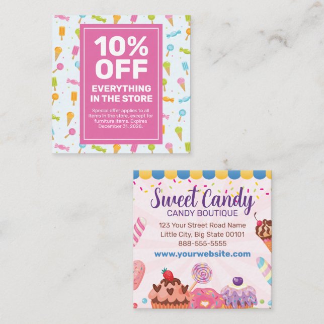 Candy Chocolates Cupcakes Discount Coupon Card (Front/Back)