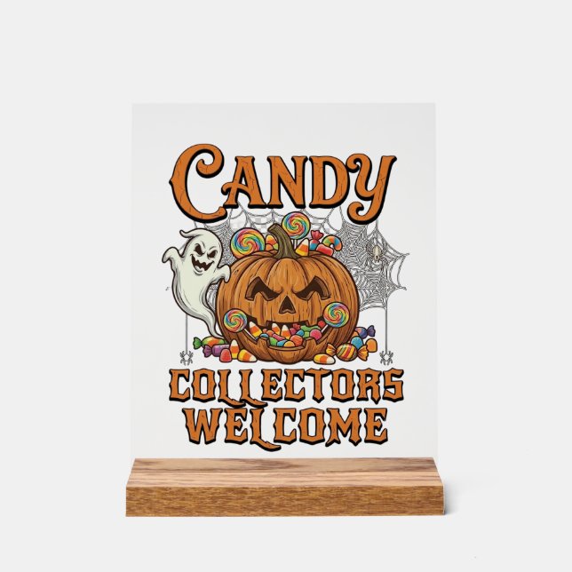 Candy Collectors Welcome Pumpkin Ghost Spider Web Acrylic Sign (Front)