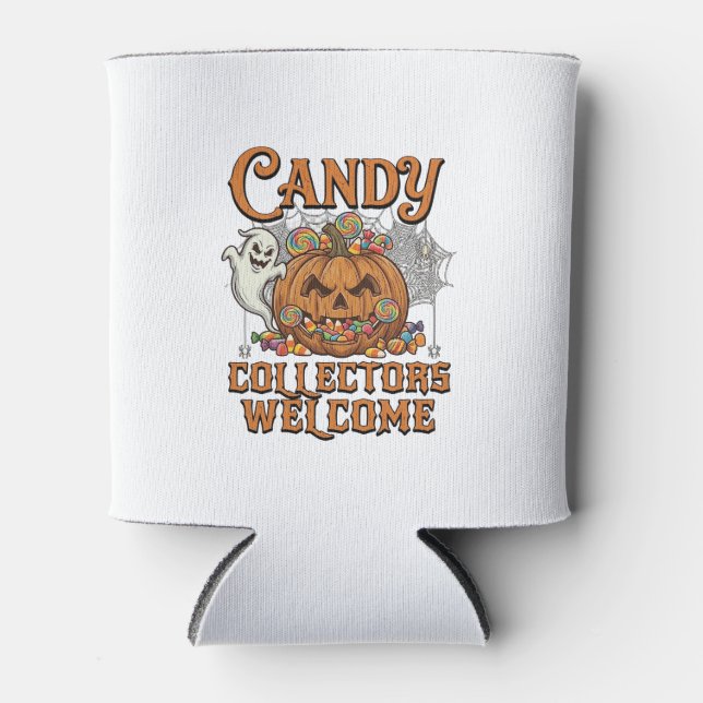 Candy Collectors Welcome Pumpkin Ghost Spider Web Can Cooler (Front)
