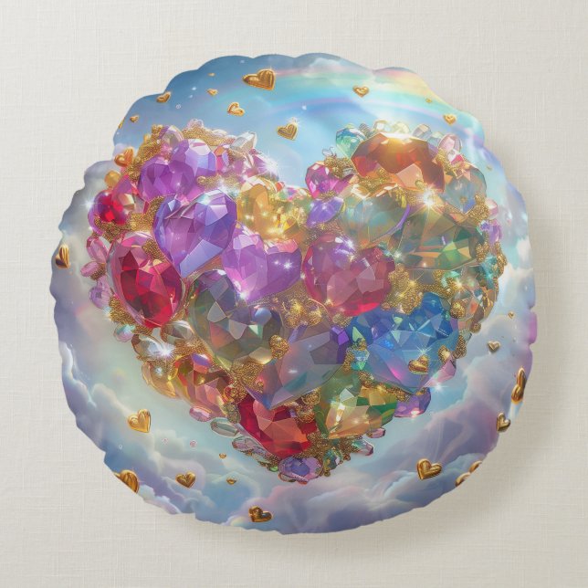 Candy Colored Crystal Heart Digital Art Round Cushion (Front)