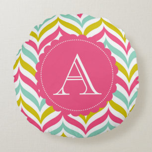 Candy Coloured Chevron Waves Monogram Round Cushion