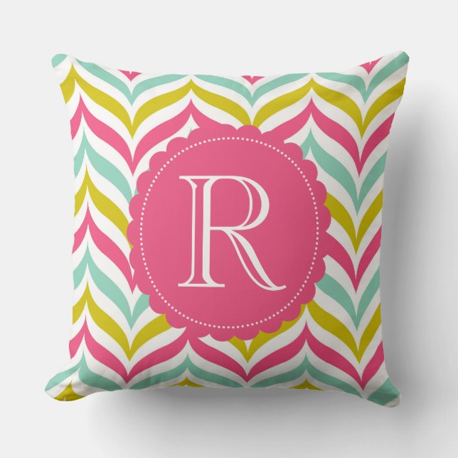 Candy Coloured Chevron Waves Pattern Monogram Cushion (Front)