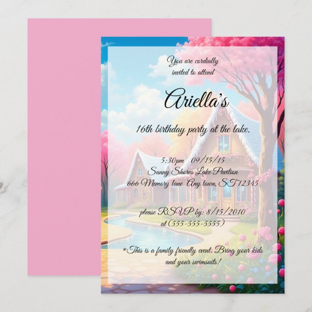 Candy Coloured Lake House Sweet 16 Birthday Invitation (Front/Back)
