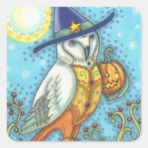 CANDY CORN BARN OWL FOLK ART, HALLOWEEN BIRD SQUARE STICKER