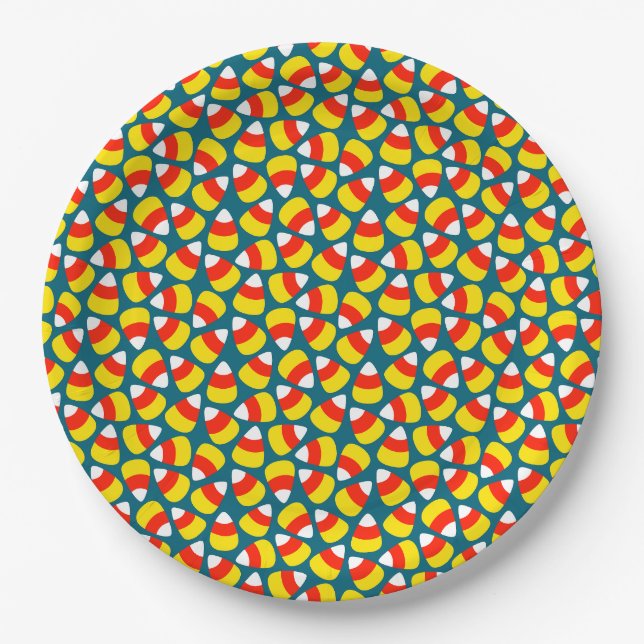 Candy Corn Pattern Teal Halloween Paper Plate (Front)