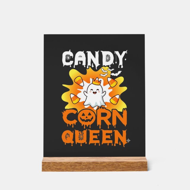 Candy Corn Queen Halloween Ghost Bats Spider Web Acrylic Sign (Front)